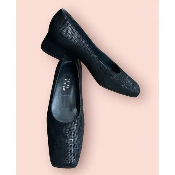 STUART WEITZMAN Black Lines Suede Vintage 90s Low Heel Pumps Square Toe Sz 9.5 - Picture 6 of 14